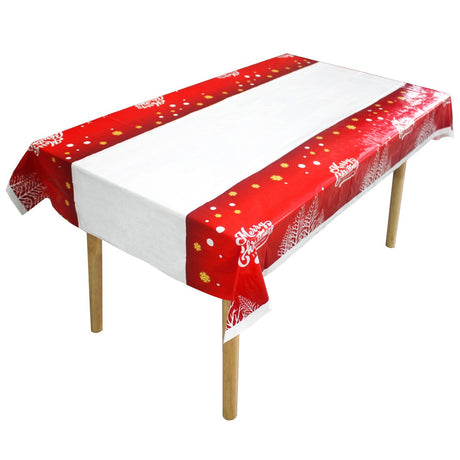 Fata de masa dreptunghiulara Vivimall, PVC, 2.5 mm grosime, imprimeu Merry Christmas, potrivit pentru Craciun, utilizare multipla, 180 x 108 cm, alb - vivimall.ro