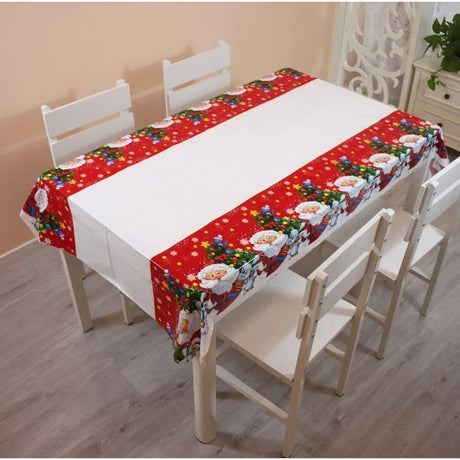 Fata de masa dreptunghiulara Vivimall, PVC, 2.5 mm grosime, imprimeu Mos Craciun cu iepuras, potrivit pentru Craciun, utilizare multipla, 180 x 108 cm, alb - vivimall.ro
