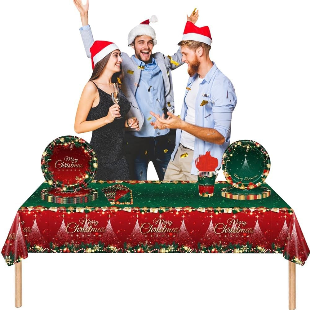 Fata de Masa Festiva, Vivimall, Dreptunghiulara, Imprimeu Merry Christmas, Tema Craciun, Rezistenta la Apa, din PVC, 137 x 274 cm, Rosu/Verde - vivimall.ro