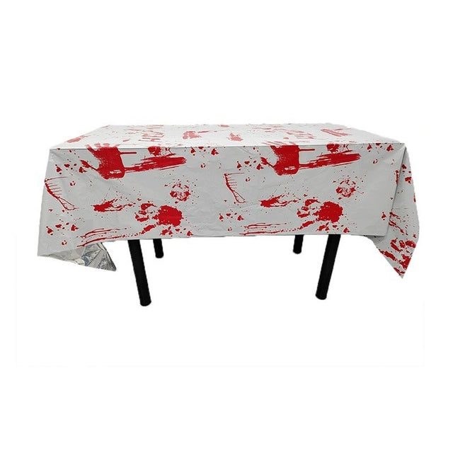 Fata de Masa, Vivimall, din Folie, Imprimeu Halloween - Help Me, 137 x 183 cm, Alb/Rosu - vivimall.ro