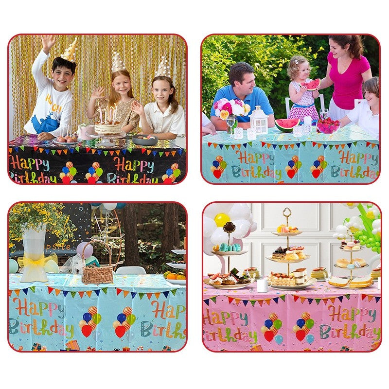 Fata de Masa, Vivimall, din Folie, Imprimeu Happy Birthday cu Baloane, 137 x 183 cm, Negru - vivimall.ro