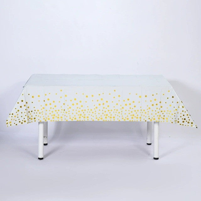 Fata de Masa, Vivimall, din Folie, Imprimeu Stele Aurii, Impermeabila, 137 x 183 cm, Alb - vivimall.ro