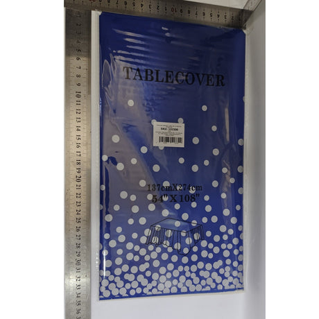 Fata de Masa, Vivimall, din PEVA, Imprimeu Buline Argintii, 137 x 274 cm, Impermeabila, Fara Pete, Curatare Rapida, Albastru Inchis - vivimall.ro