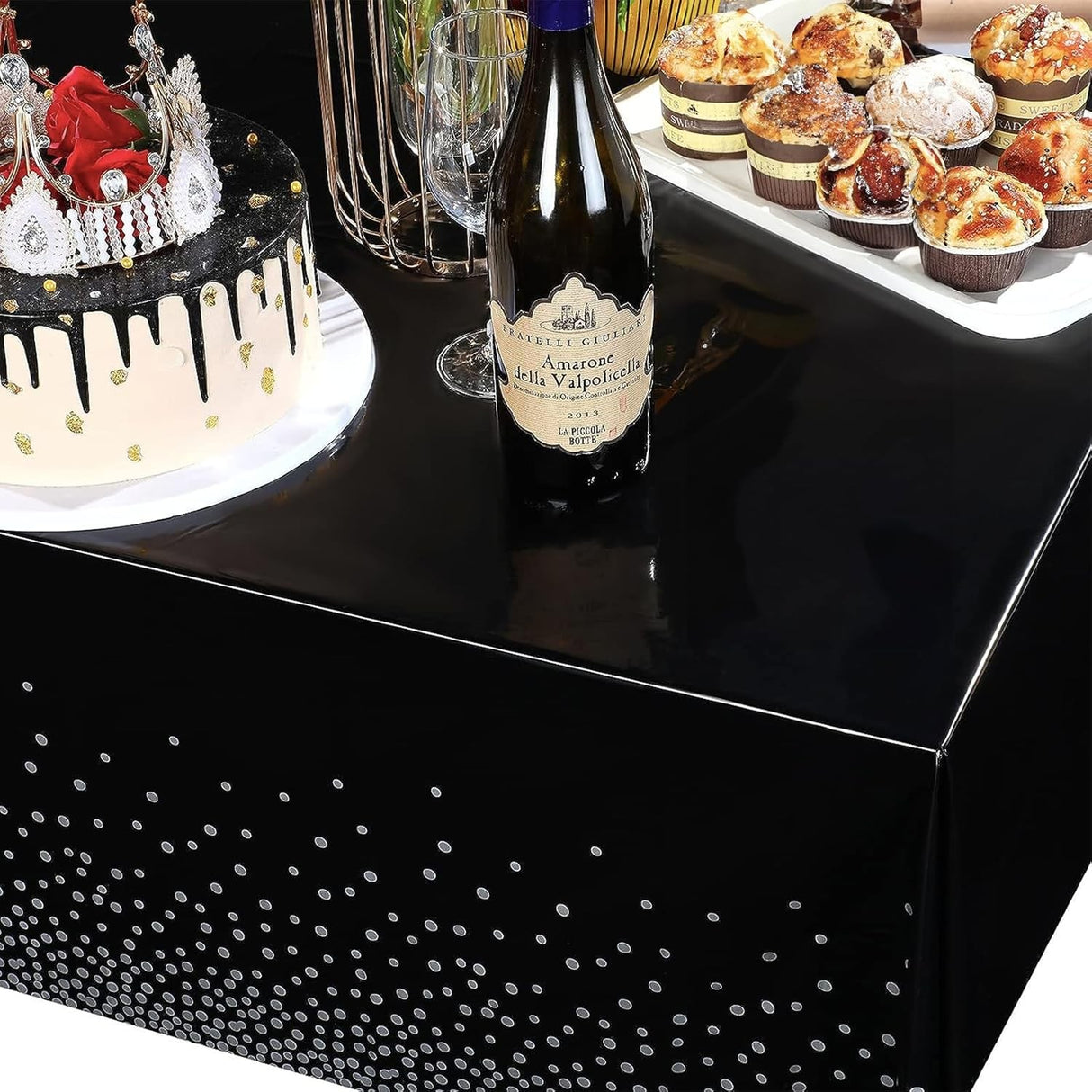 Fata de Masa, Vivimall, din PEVA, Imprimeu Buline Argintii, 137 x 274 cm, Impermeabila, Fara Pete, Curatare Rapida, Negru - vivimall.ro