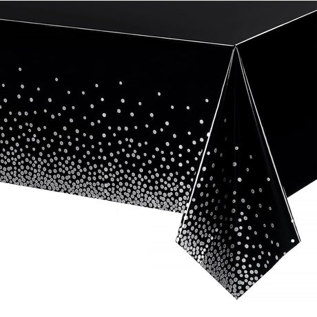 Fata de Masa, Vivimall, din PEVA, Imprimeu Buline Argintii, 137 x 274 cm, Impermeabila, Fara Pete, Curatare Rapida, Negru - vivimall.ro