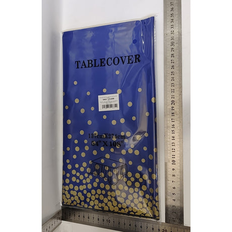 Fata de Masa, Vivimall, din PEVA, Imprimeu Buline Aurii, 137 x 274 cm, Impermeabila, Fara Pete, Curatare Rapida, Albastru Inchis - vivimall.ro