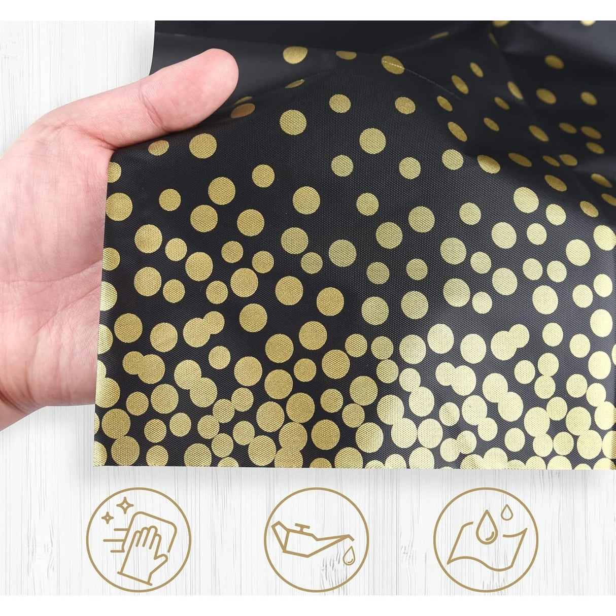 Fata de Masa, Vivimall, din PEVA, Imprimeu Buline Aurii, 137 x 274 cm, Impermeabila, Fara Pete, Curatare Rapida, Negru - vivimall.ro