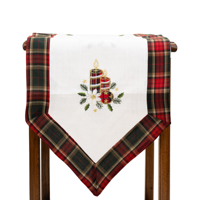 Fata de Masa Vivimall, Material In Brodat, cu Motive de Craciun Lumanari, 180 x 40 cm, Alb - vivimall.ro