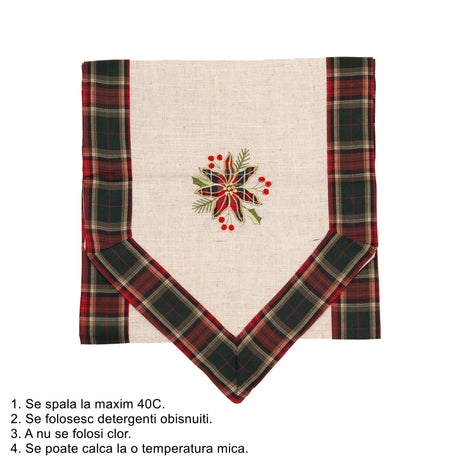 Fata de Masa Vivimall, Material In Brodat, cu Motive Florale de Craciun, 180 x 40 cm, Crem - vivimall.ro