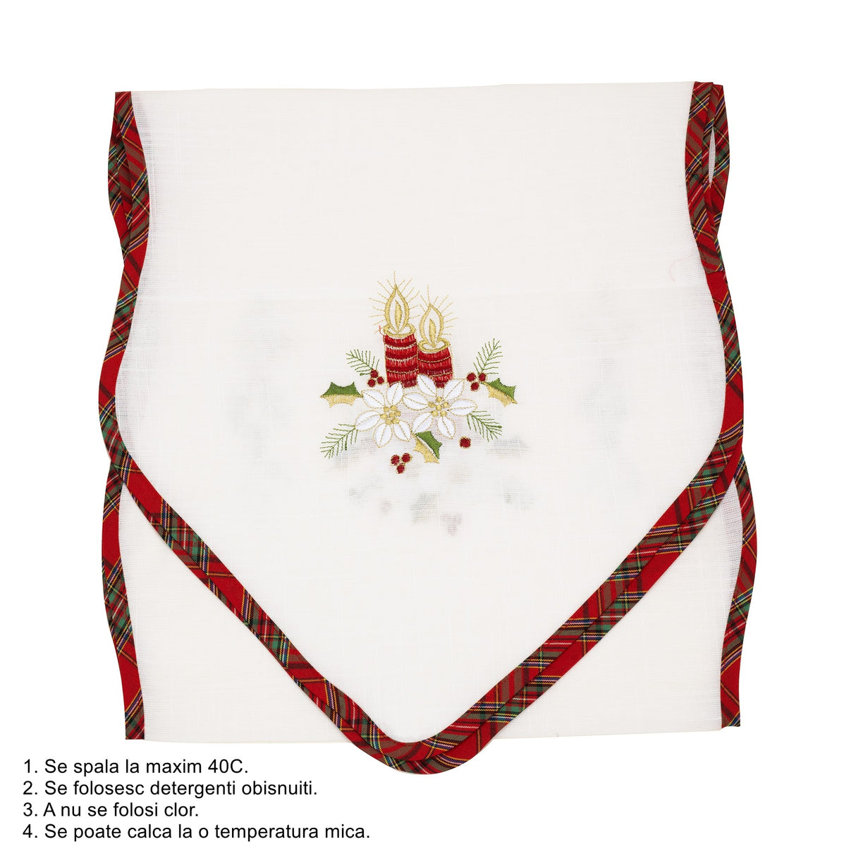 Fata de Masa Vivimall, Material In Brodat, cu Motive Florale de Craciun si Lumanari, 180 x 40 cm, Alb - vivimall.ro