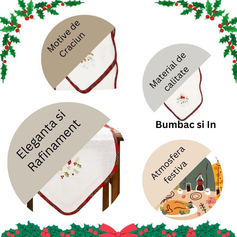 Fata de Masa Vivimall, Material In Brodat, cu Motive Florale de Craciun si Lumanari, 180 x 40 cm, Alb - vivimall.ro