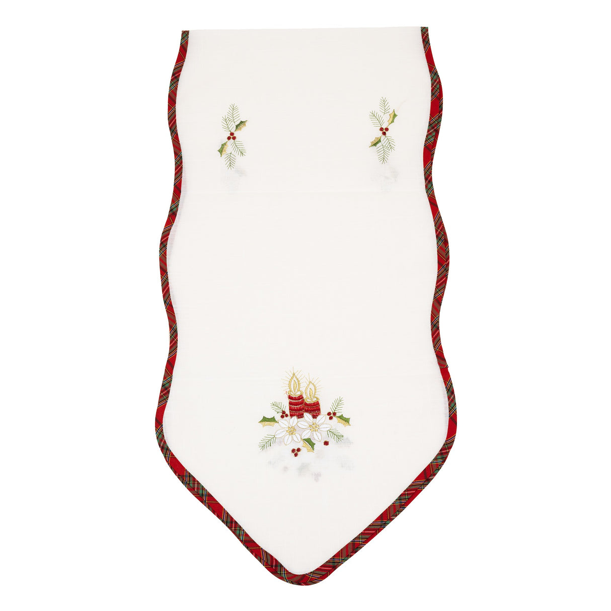 Fata de Masa Vivimall, Material In Brodat, cu Motive Florale de Craciun si Lumanari, 180 x 40 cm, Alb - vivimall.ro