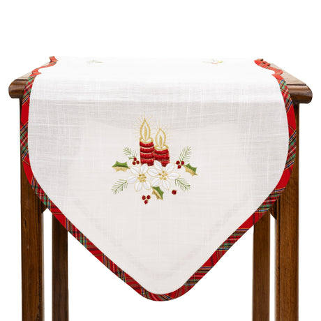Fata de Masa Vivimall, Material In Brodat, cu Motive Florale de Craciun si Lumanari, 180 x 40 cm, Alb - vivimall.ro