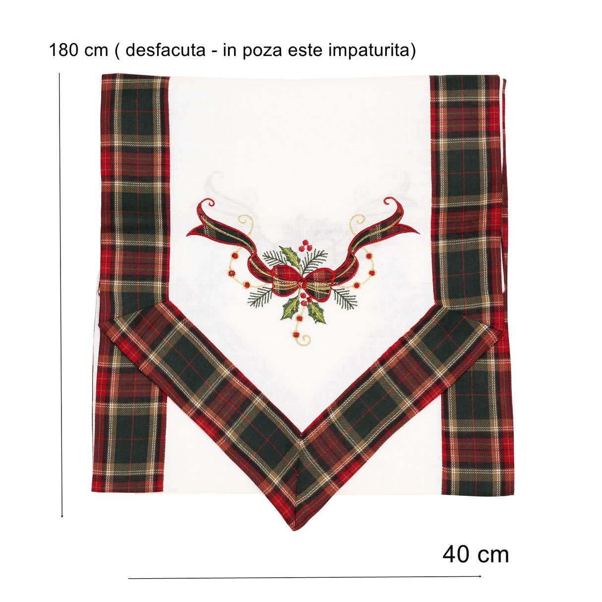 Fata de Masa Vivimall, Material In Brodat, cu Motive Fundita de Craciun, 180 x 40 cm, alba - vivimall.ro