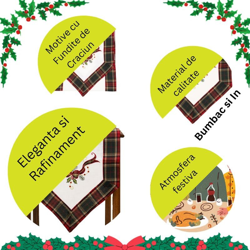 Fata de Masa Vivimall, Material In Brodat, cu Motive Fundita de Craciun, 180 x 40 cm, alba - vivimall.ro