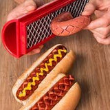 Feliator manual pentru hot-dog Vivimall, crestare carnati si hot-dog, manual, potrivit pentru gratar, 29.5 x 6.5 cm, din inox si ABS, rosu - vivimall.ro