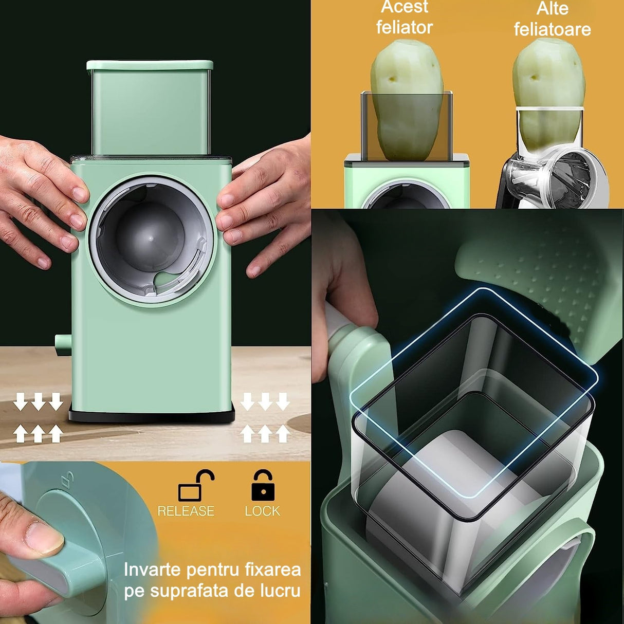 Feliator Manual Pentru Legume 3 Lame Din Otel Inxodabil, 3 Tipuri De Feliere, Material Carcasa Abs, Latime Maxima Feliere 4 Mm, Baza De Tip Ventuza, Usor Si Sigur De Utilizat, 28.5 X 9,2 X 13.5 Cm, Verde - vivimall.ro