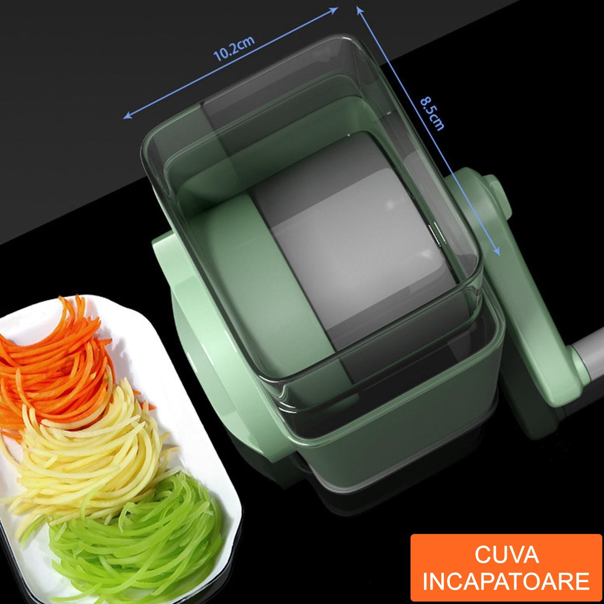 Feliator manual pentru legume Vivimall, 3 lame din otel inxodabil, 3 tipuri de feliere, material carcasa ABS, latime maxima feliere 4 mm, baza de tip ventuza, usor si sigur de utilizat, 28.5 x 9,2 x 13.5 cm, verde - vivimall.ro