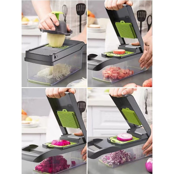 Feliator Multifunctional, Vivimall, Razatoare, 8 in 1, pentru Fructe si Legume, 10 Piese, Lame de Inox, Recipient Stocare, Separator Oua, Protectie Mana, ABS, 32.2x11.3 cm, Verde/Gri - vivimall.ro