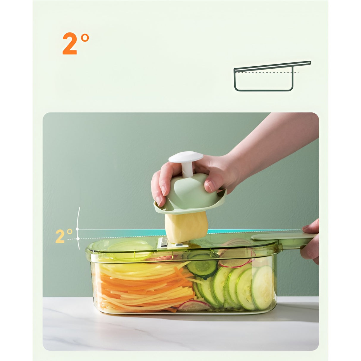 Feliator Multifunctional, Vivimall, 3 in 1, pentru Fructe si Legume, 6 Piese, Maner, Lame de Inox, Recipient Stocare, Protectie Mana, ABS, 35x12x9.4 cm, Verde - vivimall.ro