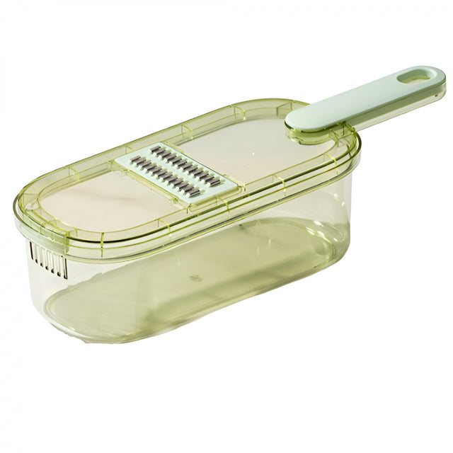 Feliator Multifunctional, Vivimall, 3 in 1, pentru Fructe si Legume, 6 Piese, Maner, Lame de Inox, Recipient Stocare, Protectie Mana, ABS, 35x12x9.4 cm, Verde - vivimall.ro