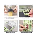 Feliator Multifunctional, Vivimall, Razatoare, 8 in 1, pentru Fructe si Legume, 12 Piese, Lame de Inox, Recipient Stocare, Separator Oua, Protectie Mana, ABS, Gri/Verde, 29.5x9x21.8 cm - vivimall.ro