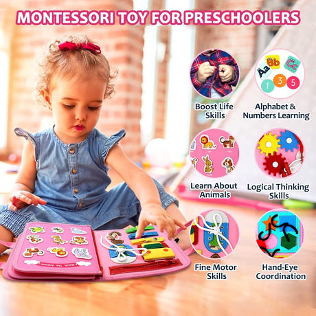 Carte Senzoriala Educativa Montessori 7in1, Vivimall, 26 de Activitati, Dezvoltare Abilitati Motorii, 4 Pagini, Model Dinozauri, 28x22x7 cm, Roz - vivimall.ro