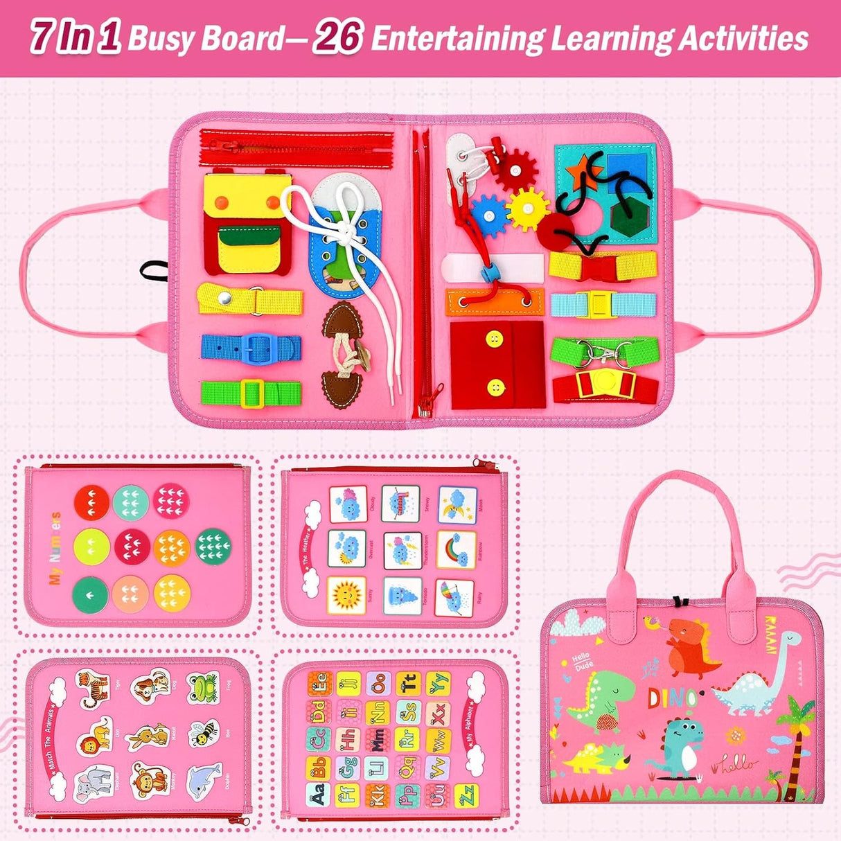 Carte Senzoriala Educativa Montessori 7in1, Vivimall, 26 de Activitati, Dezvoltare Abilitati Motorii, 4 Pagini, Model Dinozauri, 28x22x7 cm, Roz - vivimall.ro