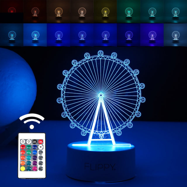 Lampa LED decorativa, Vivimall, 3D, Roata Panoramica, cu telecomanda, doua moduri de alimentare USB si baterii, 20 cm inaltime, din material acril si lumina multicolora, alb - vivimall.ro