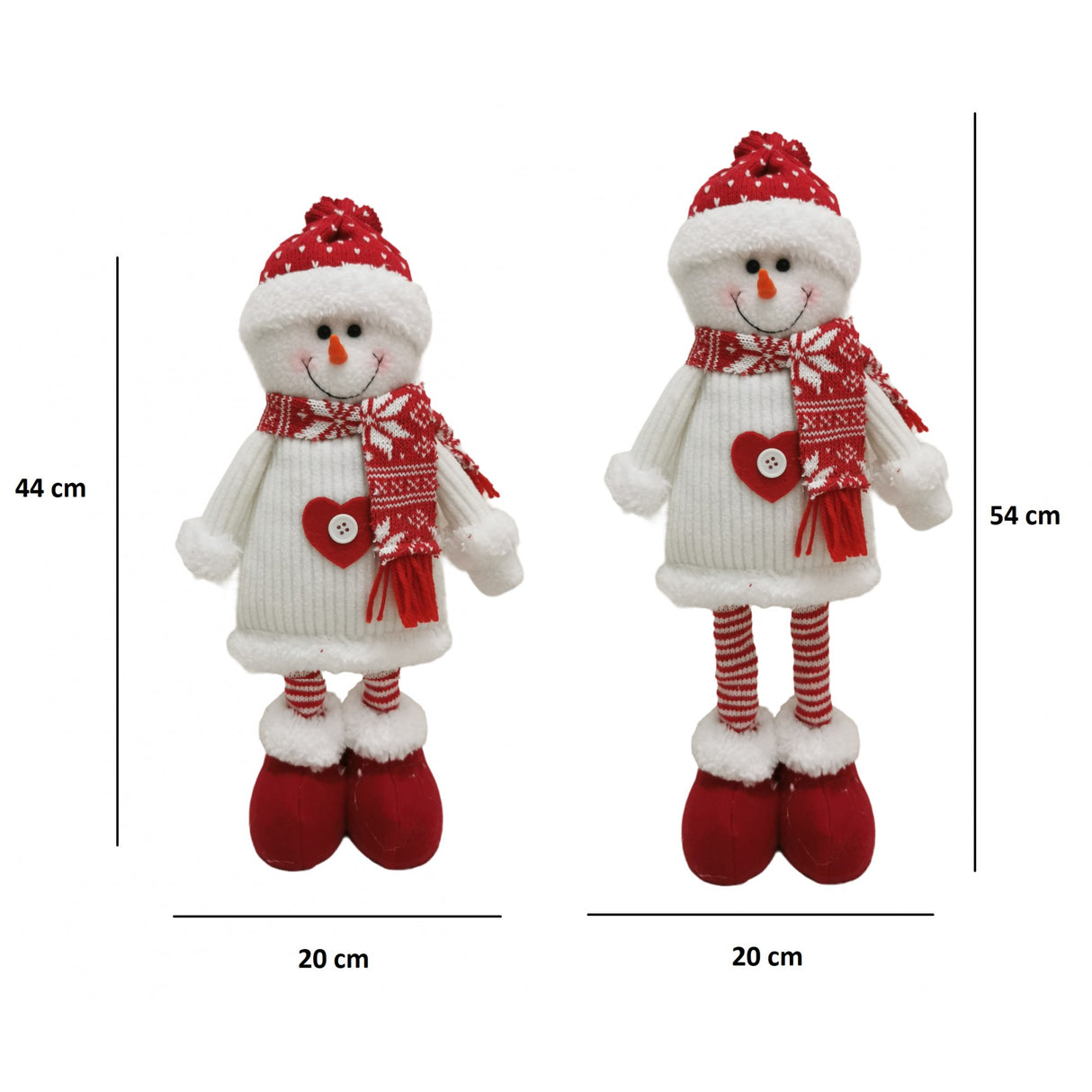 Figurina Decorativa, Pentru Craciun, Vivimall, Om de Zapada, Picioare Telescopice, Inaltime Reglabila 44-54cm, Caciula cu Inimioare, Alb/Rosu - vivimall.ro