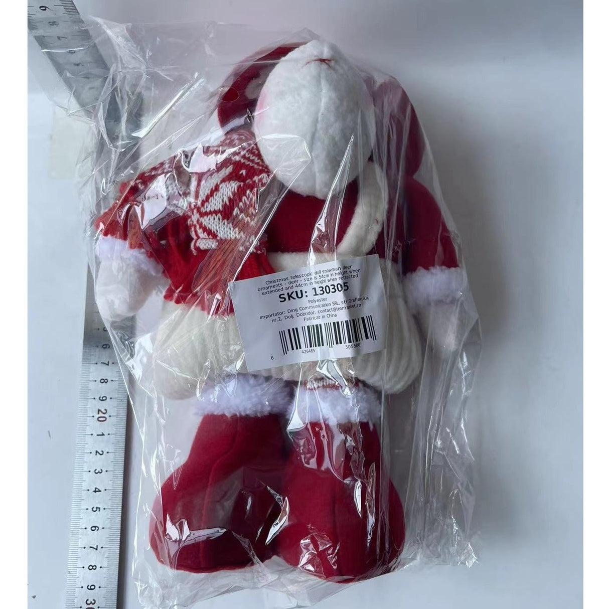 Figurina Decorativa, Pentru Craciun, Vivimall, Ren, Picioare Telescopice, Inaltime Reglabila 44-54cm, Caciula cu Inimioare, Alb/Rosu - vivimall.ro