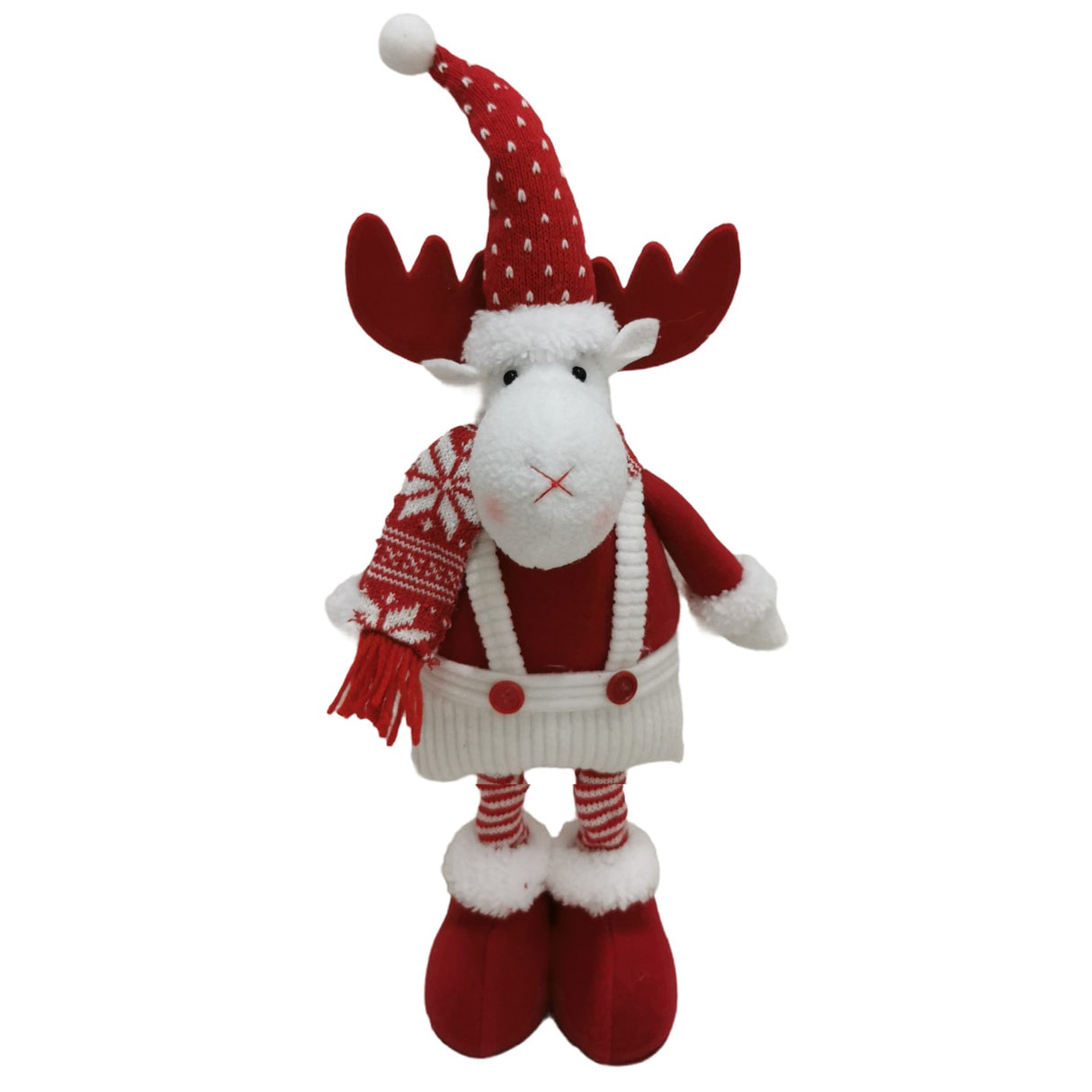 Figurina Decorativa, Pentru Craciun, Vivimall, Ren, Picioare Telescopice, Inaltime Reglabila 44-54cm, Caciula cu Inimioare, Alb/Rosu - vivimall.ro