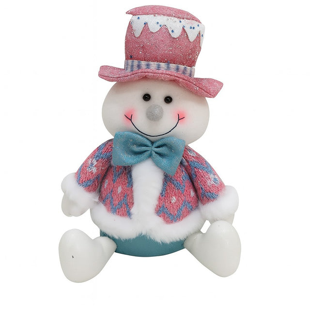 Figurină decorativă Crăciun om de zăpadă cu pălărie, costum albastru-roz, textil, 26x20x12 cm, vedere frontală