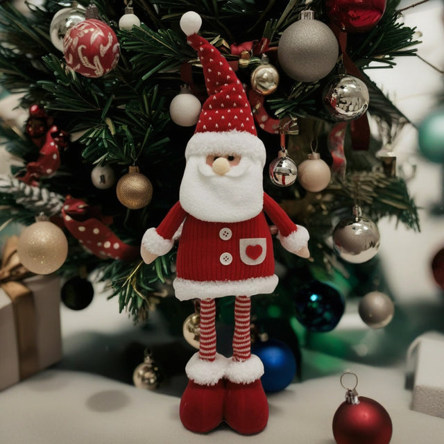 Figurina Decorativa, Pentru Craciun, Vivimall, Mos Craciun, Picioare Telescopice, Inaltime Reglabila 44-54cm, Caciula cu Inimioare, Alb/Rosu - vivimall.ro