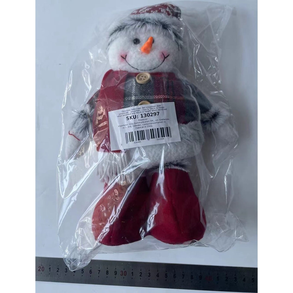 Figurina Decorativa, Pentru Craciun, Vivimall, Om de Zapada, Picioare Telescopice, Inaltime Reglabila 44-54cm, Caciula cu Fugi, Rosu/Gri - vivimall.ro