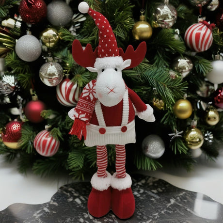 Figurina Decorativa, Pentru Craciun, Vivimall, Ren, Picioare Telescopice, Inaltime Reglabila 44-54cm, Caciula cu Inimioare, Alb/Rosu - vivimall.ro