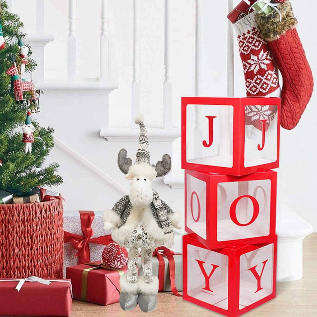 Figurina Decorativa, Pentru Craciun, Vivimall, Ren, Picioare Telescopice, Inaltime Reglabila 52- 82 cm, Pantaloni Luciosi, Alb/Argintiu - vivimall.ro