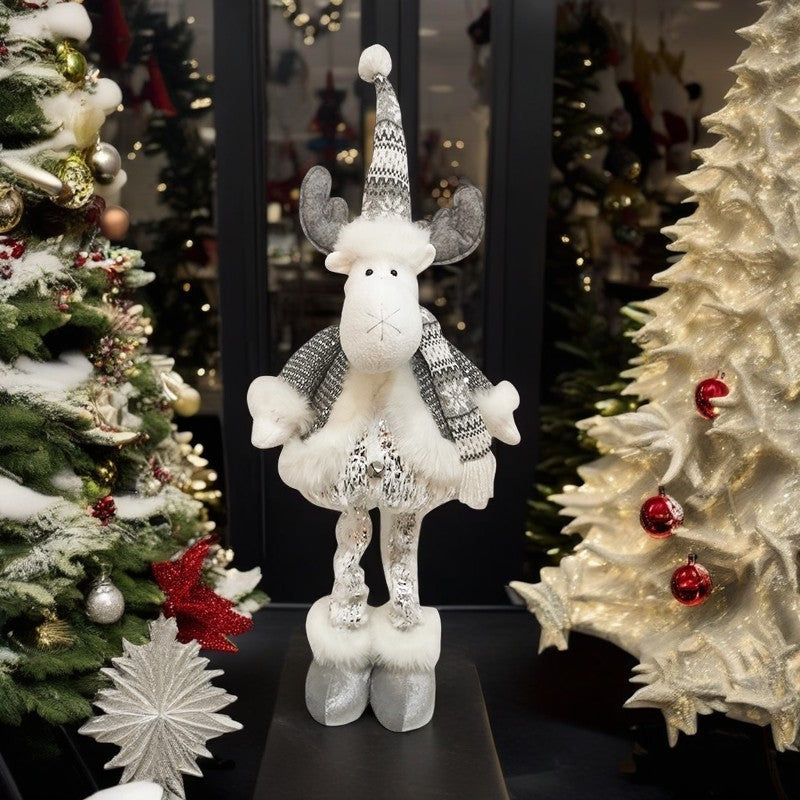 Figurina Decorativa, Pentru Craciun, Vivimall, Ren, Picioare Telescopice, Inaltime Reglabila 52- 82 cm, Pantaloni Luciosi, Alb/Argintiu - vivimall.ro