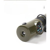 Kit supravieturie Vivimall, Fluier multifunctional 7 in 1, pentru drumetii, hiking, lupa, fluier, termometru, depozitare pastile, busola, din material ABS, cu snur,  9,7 x 2,8 cm, verde - vivimall.ro