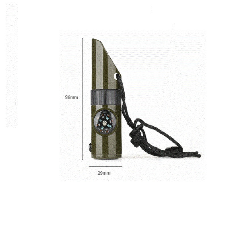 Kit supravieturie Vivimall, Fluier multifunctional 7 in 1, pentru drumetii, hiking, lupa, fluier, termometru, depozitare pastile, busola, din material ABS, cu snur,  9,7 x 2,8 cm, verde - vivimall.ro