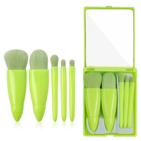 Set 5 Mini Pensule De Machiaj, Portabile, In Carcasa Cu Oglinda, Din Par Sintetic Moale, Verde Lime, 12X7X2.5 Cm - vivimall.ro
