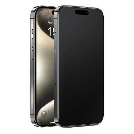 Folie ceramică Matte 9D Full Cover pentru iPhone 15, margini negre, vedere frontală pe dispozitiv