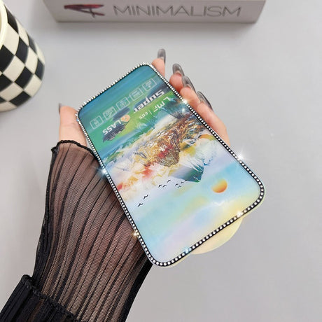 Detaliu margine cu cristale folie protecție iPhone 15 Plus, sticlă securizată 9H, ESD