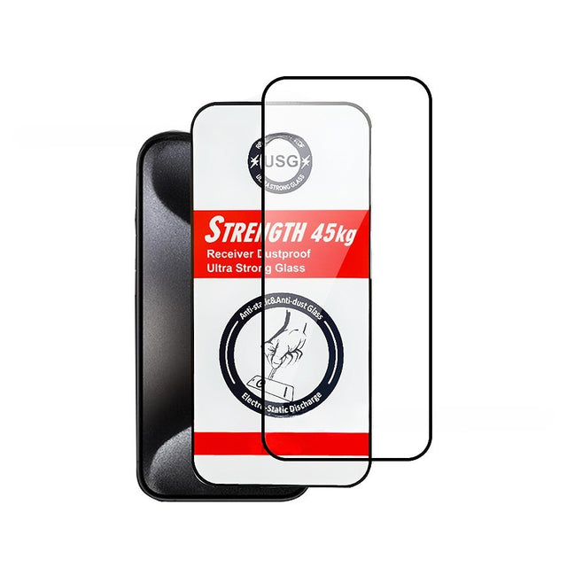 Folie de Protectie, Vivimall, pentru iPhone 15, Tempered Glass USG, Ultra Rezistent 45kg, Full Cover, Antistatica, Margini Negre, Transparent - vivimall.ro