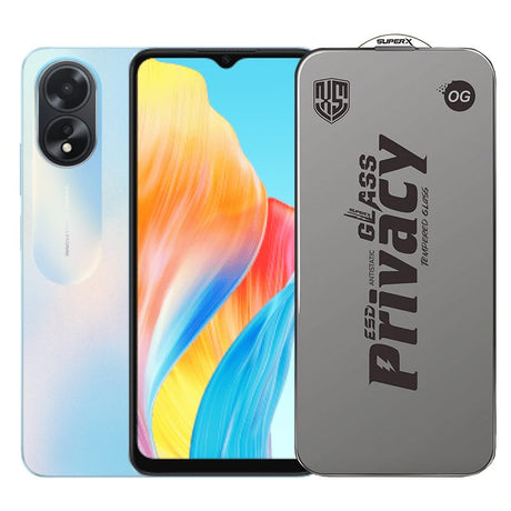Folie de Protectie pentru Oppo A18, Flippy, Sticla Securizata ESD Antistatica, Super-X Privacy OG, Margini Negre, 0.30 mm, Transparent Inchis - vivimall.ro