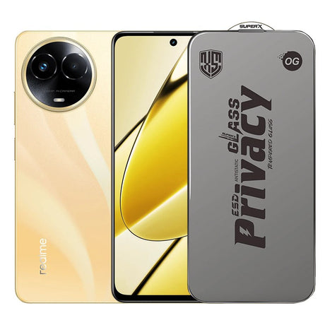 Folie sticlă securizată ESD antistatică pentru Realme 11, model Super-X Privacy OG, margini negre, vedere frontală