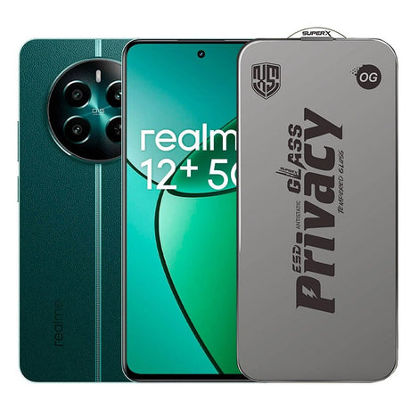 Folie sticlă securizată ESD antistatică Realme 12+, Super-X Privacy OG, margini negre 0.30 mm, vedere frontală