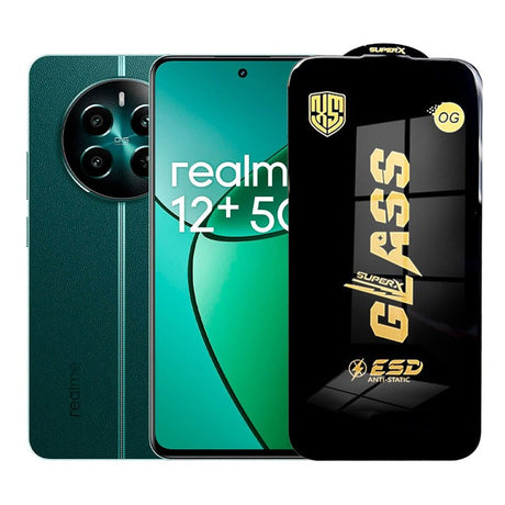 Folie sticlă securizată ESD pentru Realme 12+, margini negre, grosime 0,35 mm, vedere frontală