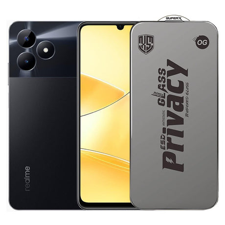 Folie sticlă securizată ESD antistatică Super-X Privacy OG pentru Realme C51, margini negre, vedere frontală
