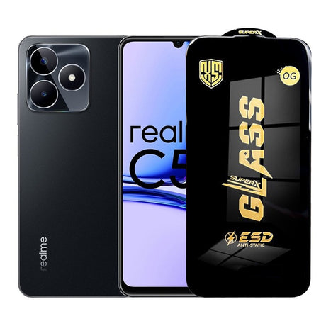 Folie protecție sticlă securizată ESD pentru Realme C53, grosime 0,35 mm, margini negre, vedere frontală